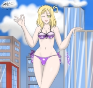 drawing giantess city blonde cleavage buildings hand skyscraper sky between_fingers bikinis winking gtsmaycry7 ohara_mari love_live! love_live!_sunshine