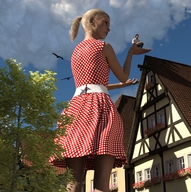 gentle giantess blonde clothed handheld ponytail dress standing houses runswithferrets digital_render polka_dots
