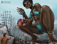 bikini giantess feet vore destruction mouth handheld barefoot rampage cleavage lips dragonesslife dangle hiding dark_skin pedicure between_fingers manicure licking_lips earrings looking_at_tiny afro