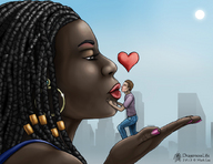 gentle giantess handheld lips love kissing dragonesslife palm shrunken_man dark_skin manicure dreadlocks looking_at_tiny