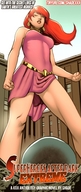 breasts drawing giantess city mega color long_hair buildings giganta red_hair dress shade legs advertisement belt heroine cover_page dc_comics novel theartofshade