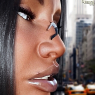 collage city black_hair shrunken_man spawngts looking_at_tiny digital_render on_nose