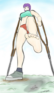 drawing panties giga city color barefoot purple_hair shoes foot_crush looking_down mountains imminent_crush yamumil shadow_of_impending_doom crutches