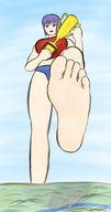 drawing giga city color barefoot purple_hair brown_eyes looking_down mountains river raised_foot imminent_crush yamumil impending_shadow_of_doom trophy