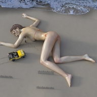 bikini giantess long_hair butt clothed beach barefoot ocean brunette lying_down legs runswithferrets unconscious jeep digital_render