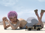 gentle shoes desert pink_hair dress lying_down vehicles runswithferrets looking_at_tiny digital_render