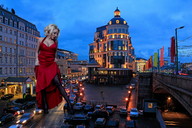 giantess collage city blonde cleavage high_heels buildings dress legs nylons looking_down streets vehicles night sky lights zed782