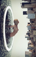 breasts nipples collage nude city mega blonde long_hair buildings skyline portal sorenzer0 digital_render