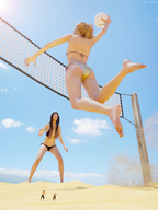 blonde barefoot brunette volleyball shrunken_men sand volley jumping net sky imminent_crush sorenzer0 digital_render
