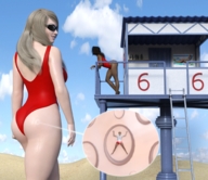 breasts drawing giantess mega color large_breasts long_hair butt swimsuit beach sunglasses lake ladder looking_up lifeguard boomgts looking_at_tiny