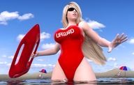 giantess blonde large_breasts long_hair swimsuit beach sunglasses looking_up lifeguard boomgts digital_render
