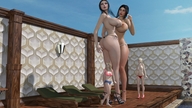 giantess blonde black_hair swimsuit high_heels huge_breasts shoes sandals giantesses swimming_pool digital_render butre3004