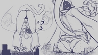 drawing panties tail mega monochrome butt destruction butt_crush smiling taokaka bending_over looking_down stuck_to_butt looking_at_tiny blazblue soreavacado