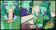 drawing vore color blue_eyes digestion green_hair unaware shrunken_woman chopsticks noodles internal_view jora-bora green_skin