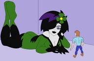 giantess mega black_hair cleavage purple_eyes flower white_skin dc_comics pale_skin shrinking_violet nightcore100 legion_of_superheroes flower_in_hair hair_streak