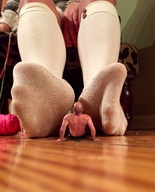 collage feet clothed socks foot_worship sitting shrunken_man bald yarn