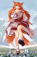 drawing giga city color large_breasts destruction red_hair sandals foot_crush fox_girl multiple_tails angelgts cysh_aizen