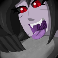 drawing giantess micro vore black_hair color teeth red_eyes fangs open_mouth monster_girl looking_at_tiny cutelittlenightmare