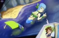 drawing gentle giantess color swimsuit beach blue_hair mermaid lying_down fishing herretik on_palm gamefreakdx
