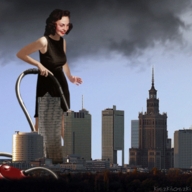 breasts giantess giga city black_hair rampage buildings brunette dress animation lipstick vacuum warsaw bare_legs lifting_roof poland