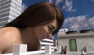 gentle giantess blonde long_hair brunette smiling sitting shorts tanktop rooftop digital_render mindmedic