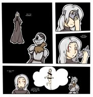 nude comic long_hair armor clothed censored grey_hair orange_eyes dialogue panels blindfold jj-psychotic dark_souls no_background imagining fire_keeper