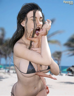 bikini black_hair long_hair beach licking handheld barefoot cleavage navel shrunken_woman sand spawngts digital_render
