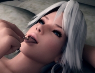 tongue blue_eyes mouth licking finger shrunken_woman between_fingers digital_render christie smogass ash_blonde