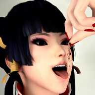 vore tongue dead_or_alive shrunken_woman open_mouth dangle between_fingers nail_polish looking_at_tiny digital_render doa smogass nyotengu