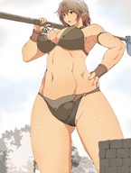 drawing gentle giantess color sword cleavage bra climbing brunette thong navel muscles standing bikuta castle_wall battle_axe