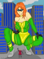 drawing giantess city color blue_eyes cleavage high_heels buildings superhero red_hair squatting looking_down looking_at_tiny whitestormclouds supervillain tight_suit