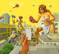 breasts drawing giantess city mega blonde color long_hair destruction clothed handheld barefoot rampage cleavage bra skirt angry domination red_hair belly running giantesses women panic onlookers top ripped_clothing violence afro bare_legs yellow_sky makeshift_clothing bare_midriff