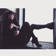 collage bra high_heels shoes sitting unaware shrunken_people stairs jacket mcflyonthewall