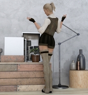 blonde shrunken_man indoors runswithferrets looking_at_tiny digital_render
