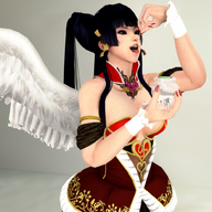 vore wings tongue dead_or_alive shrunken_people open_mouth dangle jar between_fingers nail_polish bangs looking_at_tiny digital_render doa smogass nyotengu hanhdeld