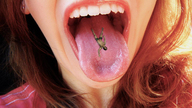 collage vore tongue brunette giantess_katelyn shrunken_man open_mouth imminent_vore digital_render starkadhr