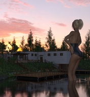 giantess blonde butt swimsuit clothed water ponytail standing houses runswithferrets sunset hands_on_hips wading digital_render