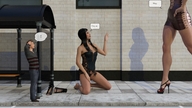 comic barefoot high_heels shoes story dress mini_giantess sitting amazon giantesses streets bus_stop digital_render