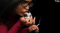 black_hair handheld glasses shrunken_woman smoke cigarette spawngts blowing digital_render on_palm