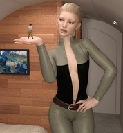 gentle blonde long_hair clothed handheld cleavage ponytail hand shrunken_man standing runswithferrets digital_render airplane_cabin