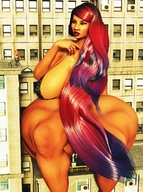 giantess long_hair buildings red_hair bbw sitting_on_building looking_at_tiny digital_render hydra-the-mant