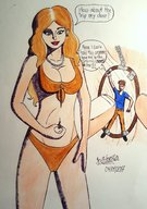 drawing color swimsuit cleavage story shrunken_man orange_hair jhonviden996 bellybutton_ring