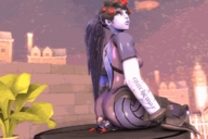 long_hair butt_crush sitting animation entrapment pinned looking_back goggles purple_skin plants overwatch widowmaker soldier_76