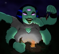breasts drawing giantess vore color handheld between_fingers campfire extra_arms ill-strator extra_eyes