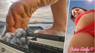 giantess collage feet city swimsuit destruction barefoot brunette foot_crush giantess_katelyn looking_down vehicles smoke joetiny