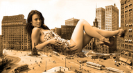 giantess collage mega monochrome destruction high_heels buildings brunette lying_down legs sunset looking_at_viewer olivia_wilde redcoffee1