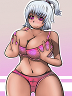 breasts drawing giantess white_hair panties blushing color cleavage bra breast_crush purple_eyes smiling freckles smothering pink_bra mspaintgts looking_at_tiny between_breasts