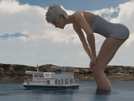 giantess white_hair looking_down lake runswithferrets bending_forward yacht digital_render