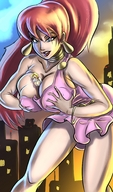 breasts drawing giantess city mega blonde color blue_eyes cleavage huge_breasts breast_crush giganta red_hair ponytail thighs costume earrings belt power_girl breast_squeeze bryan_lobdell looking_at_tiny dc_comics bare_legs cupping_breasts