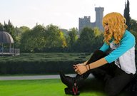 collage blonde giant high_heels sitting crossdressing looking_at_tiny ryo_macro wig